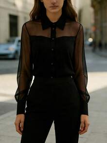 1pc Women's Elegant Mesh Patchwork Blouse, Suitable For Daily Outings, Commuting, Office Wear, And Airport Outfits Black Spring - Black - View 5