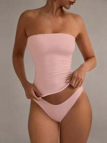 Camiseta sin tirantes sexy básica, top tubo ajustado de unicolor y elástico a la moda, adecuado para mujeres en todas las estaciones, casual negro de verano - Rosa Pálido - Ver 2