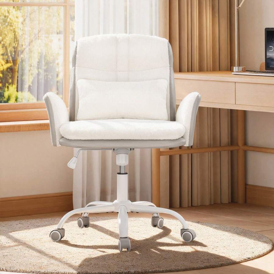 HaluPeit Dressing Table Chair With Backrest, Swivel Chair With Rocking Function, Home Office Chair Made Of Ventilated Sherpa Fabric And PU Leather, Suitable For Bedroom, Office And Living Room, Beige-White - 米白色 - 查看 1