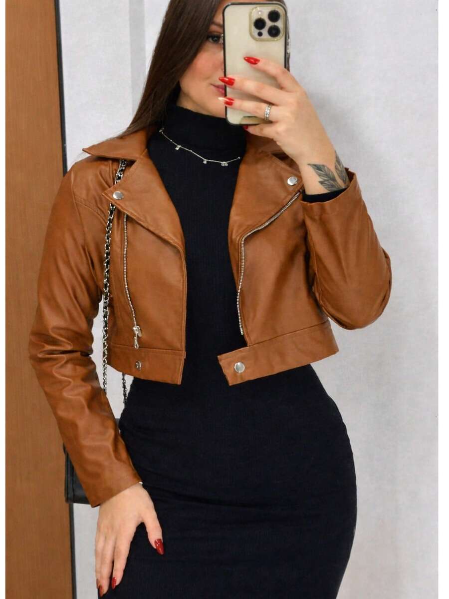 Women's Faux Leather Jacket With Zipper And Buttons – Modern And Elegant, São João 2026 Fashion - POWERFUL LOOK - Camel - Ver 1