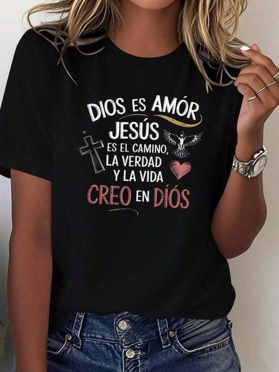 SummerCamiseta de Mujer Cómoda y Pura con Frases Cristianas en Español en PizarraFashion All-match Women's Short Sleeve T-shirt, Basic Style for Inner & Outer Wear - Negro - Ver 1