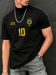 Áo thun nam in hình, áo bóng đá Brazil kiểu retro, trang phục thường ngày dành cho người hâm mộ bóng đá, áo bóng đá, chất liệu vải dệt kim thoáng khí 100% polyester, thiết kế cổ lửng. - màu đen - Xem 2