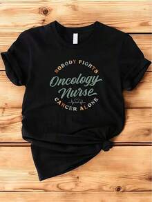 1 Piece Of Women's Graphic T-Shirt, Oncology Nurse, With "Cancer Alone" Design, Round Neck, Short Sleeve, Casual Style, Fabric, Summer And Spring Fashion, /M² - Regular Length, 180g, 100% Cotton, Designs Are Printed. Unisex. - 黑色 - 查看 1