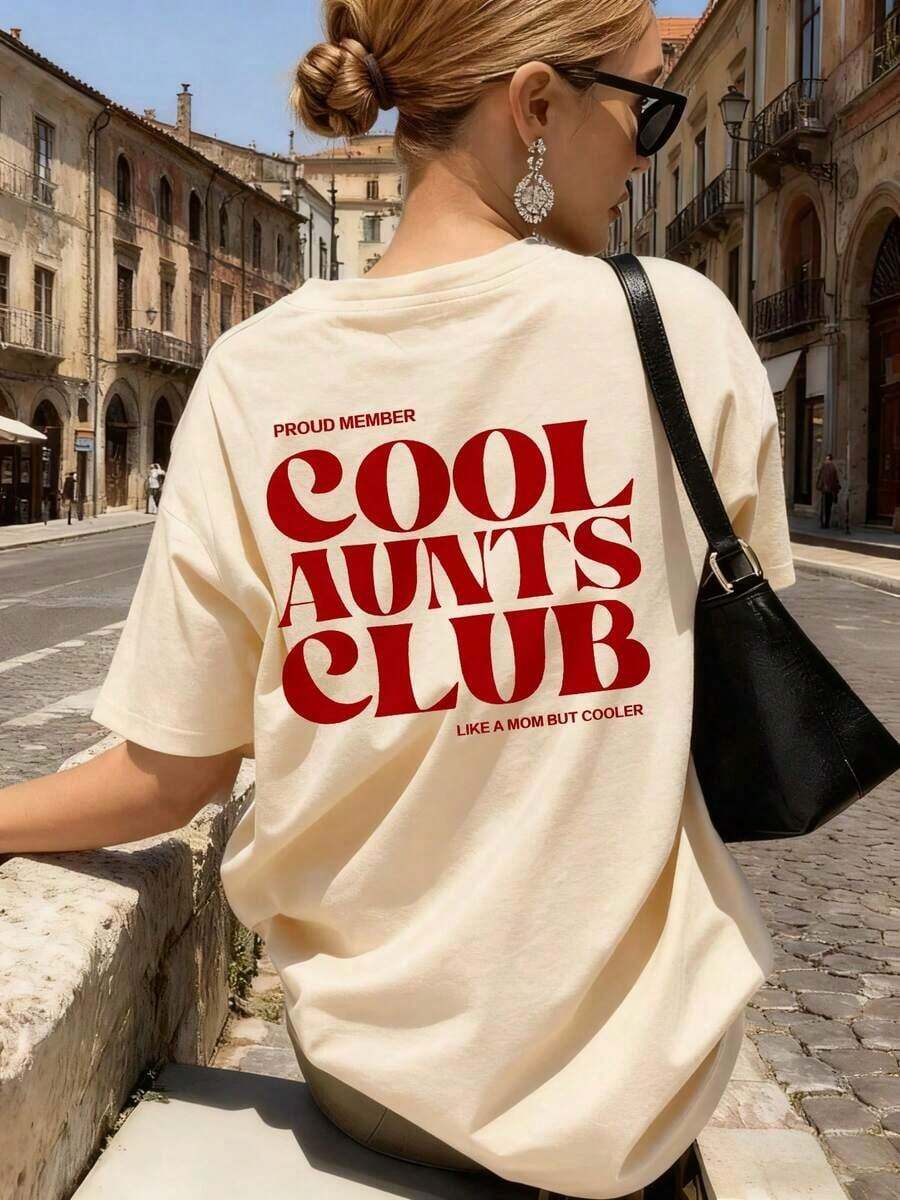 Camiseta Gráfica Holgada para Mujer "Cool Aunt Club", Top Casual de Manga Corta, Adecuada para Reuniones Familiares, Brunch con Amigos y Ropa Urbana Diaria de Verano, 100% Algodón