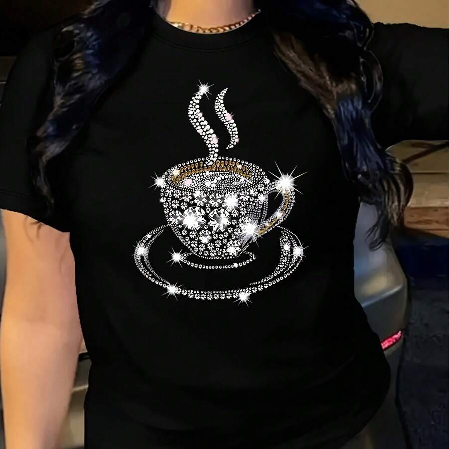 Camiseta para Mujer con Diseño de Cerezas Doradas Brillantes - Negro - Ver 1