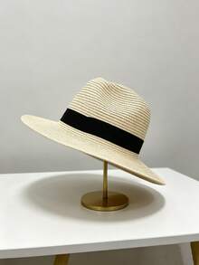 1 pièce Chapeau de paille unisexe de protection solaire d'été, chapeau de soleil à large bord, chapeau de voyage à la plage, chapeau Panama à sommet rond - Multicolore - Voir 6