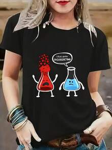 1 pieza de camiseta de manga corta con cuello redondo, estilo casual, holgada, con estampado divertido de dibujos animados, de fibra de poliéster, adecuada para uso diario, 100% algodón.ropa de calor mujer - Negro - Ver 7