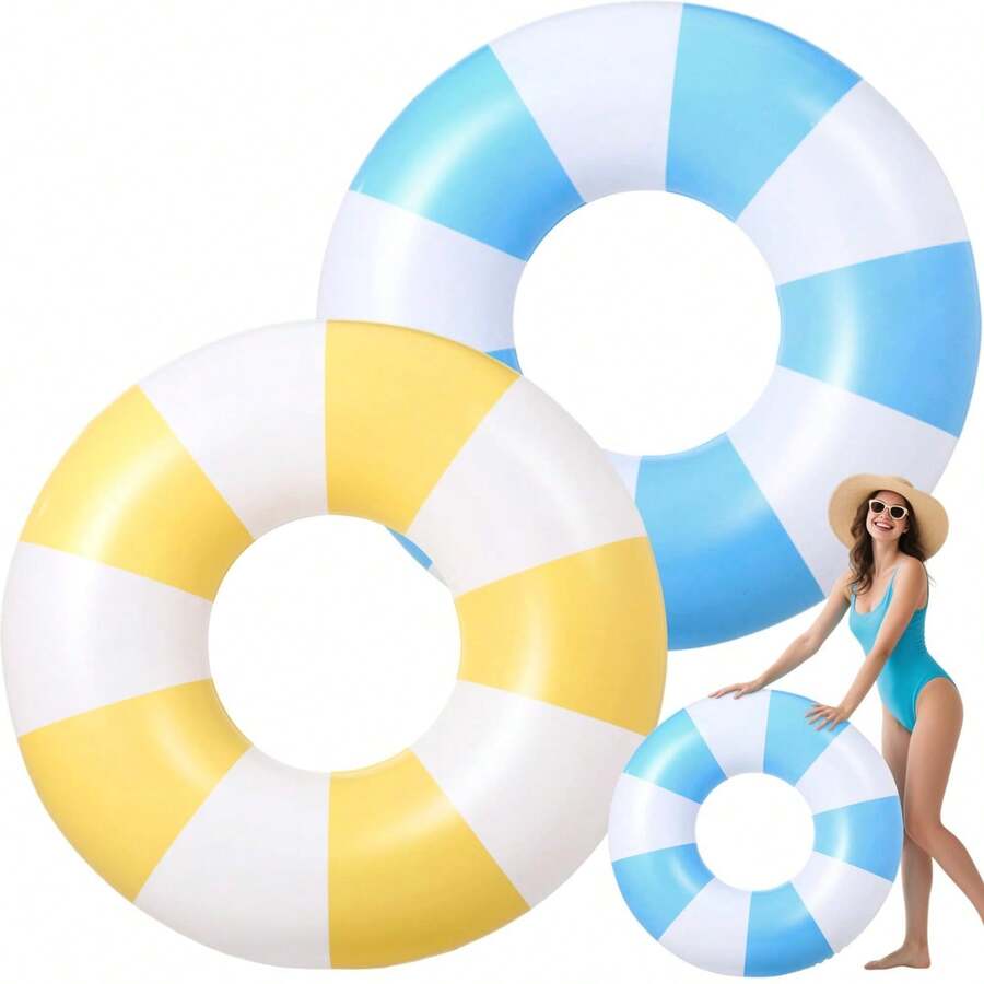 2 Pcs Pool Tubes For Adults 29Inch Large Vintage Stripe Pool Floats Giant Inflatable Floats Rings Colorful Swimming Ring Summer Hawaii Swimming Lounger Float For Swim Party, Pool Inflatable, Beach Essentials, Pool Float - Blue, Yellow - View 1