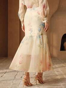 Falda elegante y romántica con estampado floral fresco y volantes en el bajo, de corte de sirena, para mujer, de , para primavera/verano - Albaricoque - Ver 2
