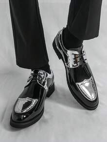Men's Formal Shoes, Color Block Lace-Up Leather Shoes, British Style Patent Leather Patchwork, Non-Slip Thick Sole, Suitable For Saturday Banquet, Wedding, Groom Wedding Ceremony - Multicolor - View 3