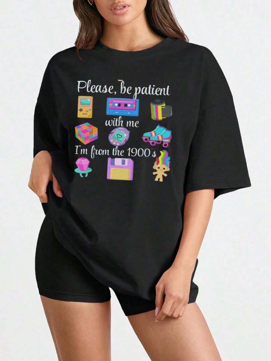 Modern Minimalist T-Shirt, "Please Be Patient With Me, I'm From The 20th Century" T-Shirt, Funny 90s Retro T-Shirt, Meme T-Shirt, Funny Gift For Mom, 20th Century Retro T-Shirt, Casual And Stylish T-Shirts, Workout Clothes, 100% Cotton, Breathable And Comfortable. - 黑色 - 查看 1