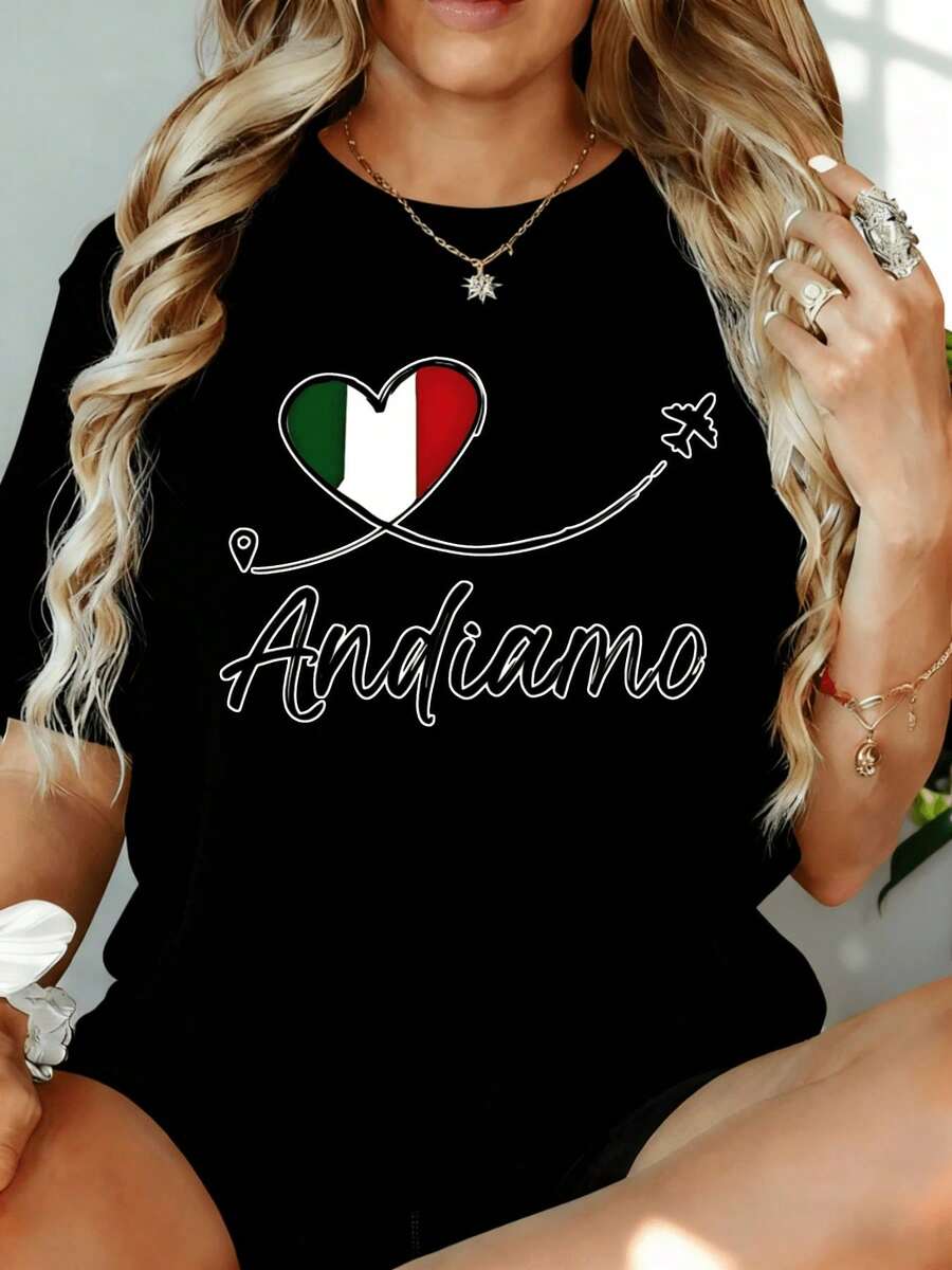 ropa de mujer Camiseta Blanca de Mujer con Estampado Gráfico de la Bandera Italiana y Corazón "Andiamo", Corte Holgado, Top Casual para Ocio en Casa y al Aire Libre, Regalo para el Día de San Valentín o Fiesta, camisas de mujer - Negro - Ver 1