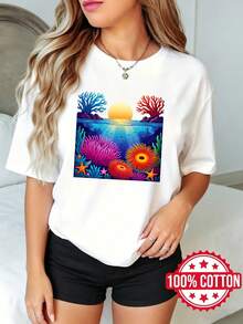 Women's Short-Sleeved T-Shirt With Round Neck And Print, Casual Summer Sunset On An Underwater Coral Reef S-3XL 100% Cotton Material - 白色 - 查看 1