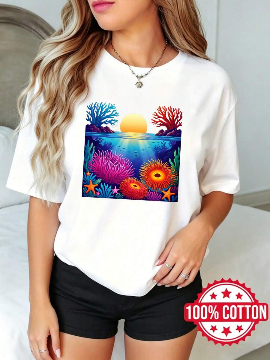 Women's Short-Sleeved T-Shirt With Round Neck And Print, Casual Summer Sunset On An Underwater Coral Reef S-3XL 100% Cotton Material - 白色 - 查看 1