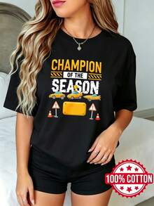 Women's Summer Champion Short Sleeve T-Shirt With Round Neck And Print, Sizes S-3XL, Fashionable, 100% Cotton, Breathable Material - 黑色 - 查看 1