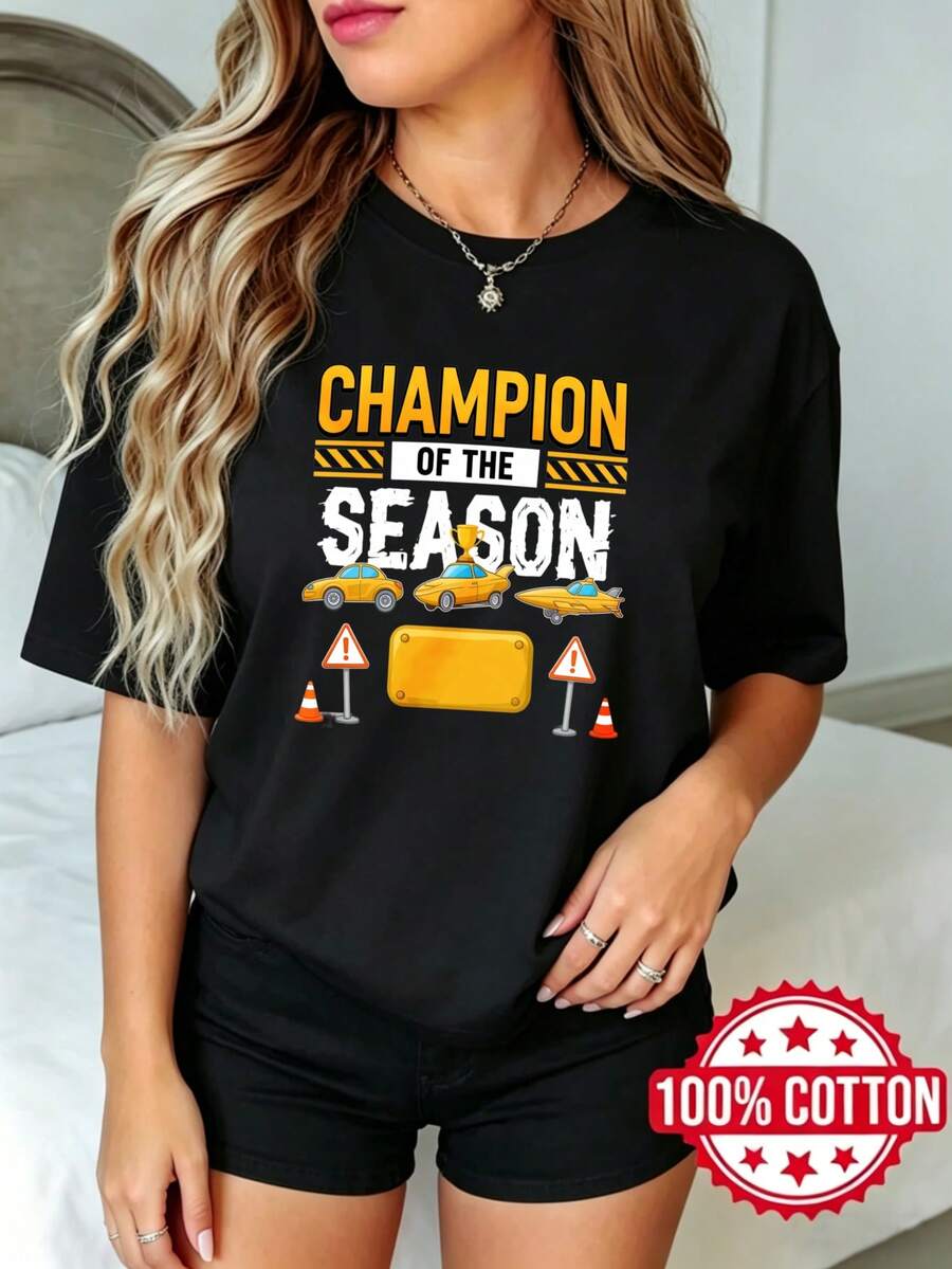 Women's Summer Champion Short Sleeve T-Shirt With Round Neck And Print, Sizes S-3XL, Fashionable, 100% Cotton, Breathable Material - 黑色 - 查看 1