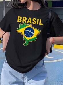 Camiseta de Cuello Redondo para Mujer con Motivo de Bandera y Mapa de Brasil, 100% Algodón, Camisetas Gráficas para Uso Diario, Tops Casuales Versátiles, Ropa Urbana, Conjuntos para Regreso a Clases, Camisetas Escolares - Negro - Ver 1