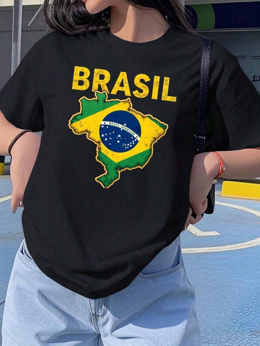 Camiseta de Cuello Redondo para Mujer con Motivo de Bandera y Mapa de Brasil, 100% Algodón, Camisetas Gráficas para Uso Diario, Tops Casuales Versátiles, Ropa Urbana, Conjuntos para Regreso a Clases, Camisetas Escolares - Negro - Ver 1