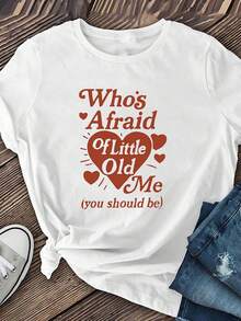 Classic Short-Sleeved T-Shirt With "Who's Afraid Of Me?" Print, Round Neck, Women's Clothing, Casual Short Sleeve, Summer Clothing For Women, Essential For Autumn And Winter, Office Wear, Travel Wear, Hit Of . - 白色 - 查看 6