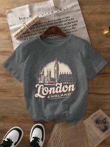 Egg Tart Special London Big Ben Graphic T-Shirt, Short Sleeve, Round Neck, Casual Style, Summer And Spring, For Women - Soft And Lightweight Fabric - 深灰色 - 查看 12
