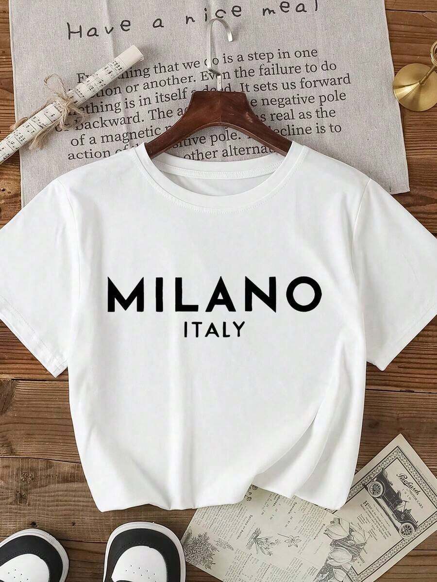 Nueva Camiseta Casual de Verano para Mujer con Estampado de Texto de la Ciudad de Milán, Estilo Urbano Vintage de Verano, Unisex, Holgada, de Algodón, Manga Corta y Cuello Redondo - Blanco - Ver 1