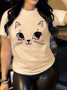 New Women's Round Neck T-Shirt, Short Sleeve, Loose Fit, Casual And Versatile With  Cat Print, Soft Fabric With Good Drape NTXK - 杏色 - 查看 9