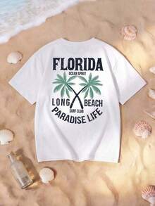 Camiseta Casual Blanca para Mujer con Estampado de Palmeras de Florida Paradise Life, Cuello Redondo, Hombros Caídos, Manga Corta, Corte Regular VLKW - Blanco - Ver 7