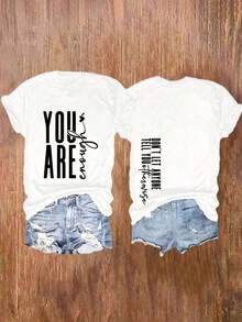 Camiseta gráfica ClassicYou Are Enough, top casual de manga corta con cuello redondo para mujer, con diseño estampado de doble cara, adecuada para uso diario en primavera/verano. Blusas Bonito 100% Algodón - Blanco - Ver 6
