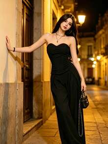 Éxito en España Verano 2026, Blusa sin tirantes de huesos negra sexy para mujer, diseño tridimensional, ajustado y favorecedor, para usar fuera, top de bustier - Negro - Ver 1