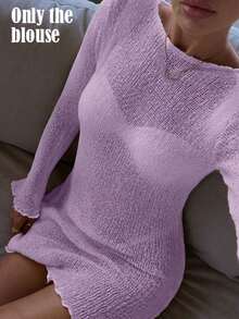 Vestido de cárdigan de punto corto con cuello redondo y manga larga, calado en rosa.Vestido de punto elegante, casual y cómodo para mujer, ideal para primavera/verano, para usar en la playa, resort, fiestas de traje de baño o vacaciones.Diseño minimalista de unicolor y falda corta. - Púrpura malva - Ver 1
