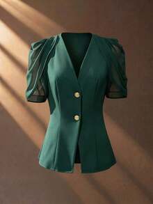 Blazer elegante y romántico para mujer con cuello en V, plisado y cintura ceñida - Verde Oscuro - Ver 5