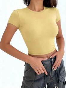 Camiseta de mujer de verano nueva, de corte slim, de cuello redondo y manga corta, top de moda para uso diario y vacaciones. Top de camiseta de mujer. - Amarillo - Ver 9