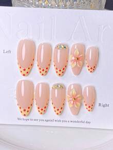 10 pezzi di unghie indossabili fatte a mano, unghie finte a forma di mandorla corte, manicure estiva, colore nudo con bordi gialli a pois stile francese, stile ragazza dolce, bordi gialli dipinti a mano con pois rossi stile francese, sfumatura gialla 3D a fiore, decorazione con strass, effetto gelatina trasparente, adatto per tutte le occasioni, include strumenti per la manicure, facile da indossare e rimuovere, adesivi per unghie a forma di mandorla per donne e ragazze - Arancione Corallo - Visualizzare 2