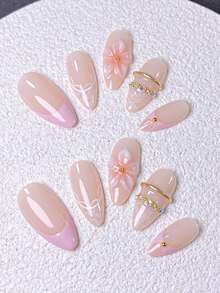 10pcs Handmade Wearable Nails, Short Almond-Shaped Fake Nails, Nude French Manicure, Delicate Fairy-Like Nails, Hand-Painted Pink Edges French Tips, Lace Texture, 3D Pink Flowers, Rhinestone Gold Rings Decor, Translucent Jelly Effect, Versatile For Any Occasion, Includes Manicure Tools, Easy To Apply And Remove, Suitable For Women And Girls - Baby Pink - View 6