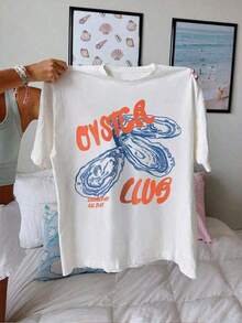Camiseta de mujer de diseño simple y versátil, de algodón puro con estampado, camiseta de manga corta con estampado de mariscos, camiseta de cuello redondo con estampado de ostras, camiseta vintage para amantes de los mariscos, adecuada para todas las edades, ideal para vacaciones y viajes. - Blanco - Ver 3