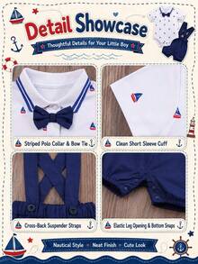 H HIBOBI 2pcs/Set Baby Boy Sailboat Printed Short Sleeve Romper And Dungaree Shorts Set For Spring/Summer - Royal Blue - View 3