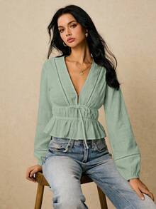 Camisa casual de mujer de unicolor con cuello en V y detalle de nudo en la parte delantera, de manga larga - verde menta - Ver 3