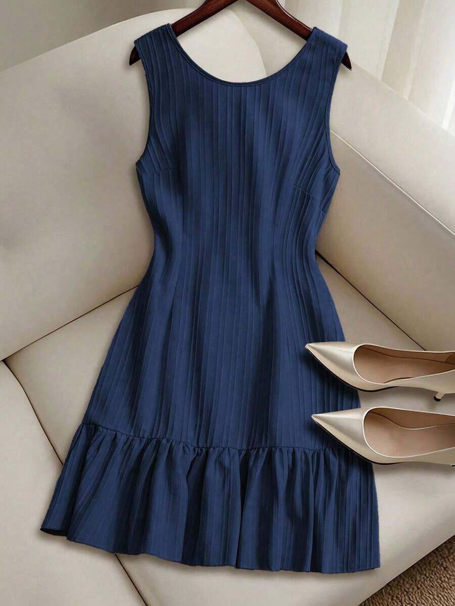 Vestido casual mini de mujer con tirantes de amarre, espalda descubierta, sin mangas, corte evasé y dobladillo con volantes - Azul 2 - Ver 1