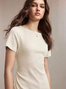 llegado de primavera/verano Camiseta de cuello barco en marfil, diseño de ribete en contraste negro, tejido texturizado, lazo de cintura ajustable, versátil para oficina, viajes, negocios, eventos sociales, formales, Día de la Madre, fiestas - Albaricoque - Ver 7