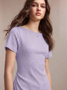 Nueva camiseta de punto texturizada con cuello de barco color café con leche, diseño de lazo ajustable en la cintura, versátil para la oficina, el transporte, los negocios, las ocasiones sociales, estilo Y2K - Morado - Ver 7