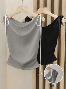 Blusa sin mangas de seda de leche blanca con cuello de barco, diseño de lazo en la cintura, estilo sexy, ideal como regalo de cumpleaños, para citas, fiestas o el trabajo.Diseño versátil y elegante para primavera y verano. - Gris - Ver 5