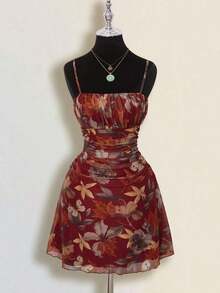 Vestido mini plisado con estampado de hoja de arce vintage para mujer, adecuado para vacaciones de verano y ropa de vuelta al colegio - Burdeos - Ver 4