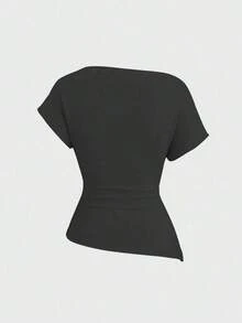 Camiseta de mujer de unicolor con pliegues, ajuste ceñido y hombro asimétrico de manga corta - Negro - Ver 2