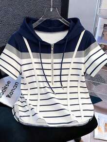 Camiseta con capucha y cremallera asimétrica de manga corta, nueva diseño de top casual para primavera/verano - Multicolor 3 - Ver 1