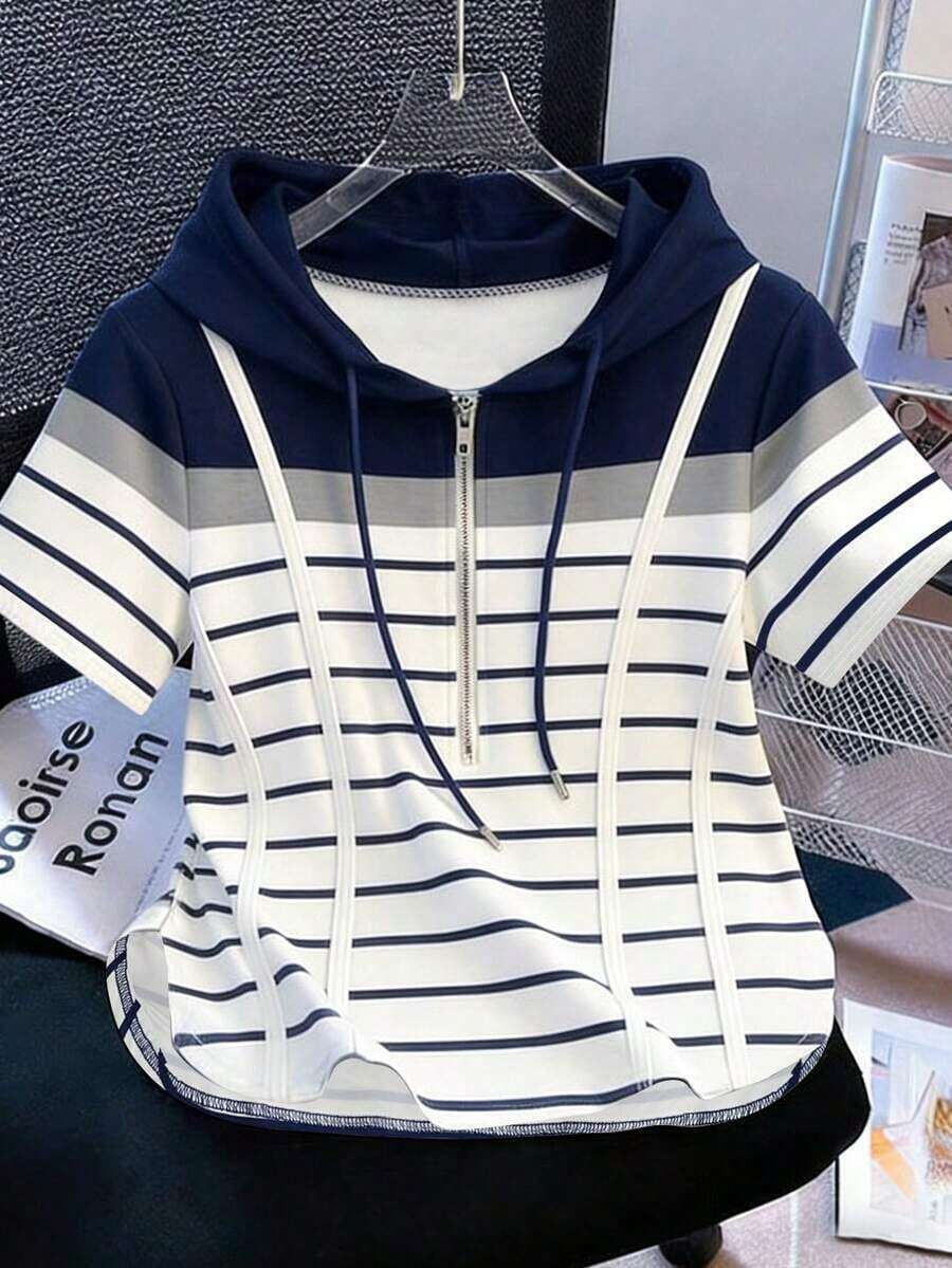 Camiseta con capucha y cremallera asimétrica de manga corta, nueva diseño de top casual para primavera/verano - Multicolor 3 - Ver 1