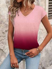 Blusa de rayas de verano casual para vacaciones, de manga corta y cuello en V, minimalista y versátil para uso diario y viajes, estilo coreano suave y apropiada para la oficina - Rosa - Ver 4