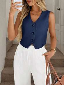 Chaleco negro, chaqueta fina, blusa de oficina para mujer - Azul - Ver 6
