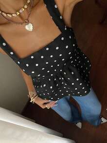 Camiseta de tirantes con volantes y lazo en la espalda con estampado de lunares para mujer - Negro - Ver 5