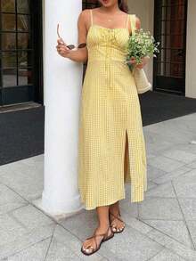 Vestido de tirantes con abertura lateral y estampado floral diminuto para el verano de las mujeres - Amarillo - Ver 9