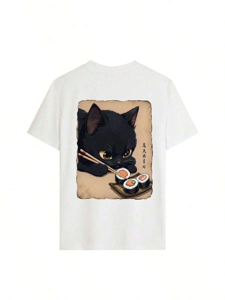 Camiseta casual de manga corta con cuello redondo para mujer, que presenta una combinación de motivos de carreras sencillos y patrones florales/aves japoneses, adecuada para mujeres, versátil y elegante.Artículo único - Blanco - Ver 1
